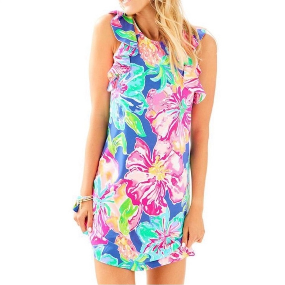 Lilly Pulitzer Blue Pink Green Floral Ruffle Shift Dress